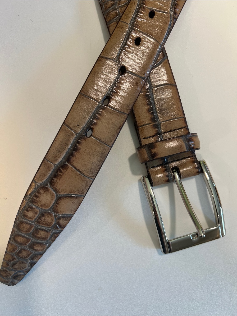 Torino- 38, Men's Croc-Embossed Tan Leather Belt, Silver Buckle, Italian